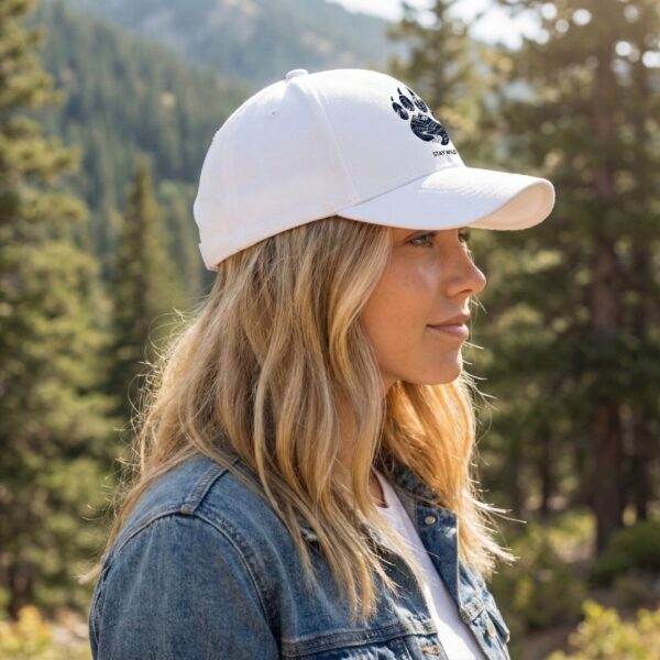 OxXe_XKU_FETV8Z6FAJ_2026-03-12_2.jpg Unisex White Baseball Cap with Stay Wild Mountain Paw Print Graphic, Adjustable Casual Cap for Men and Women, Stylish Outdoor Adventure Hat for Travel, Hiking, Sports and Daily Wear