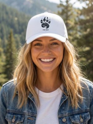 Unisex White Baseball Cap with Stay Wild Mountain Paw Print Graphic, Adjustable Casual Cap for Men and Women, Stylish Outdoor Adventure Hat for Travel, Hiking, Sports and Daily Wear