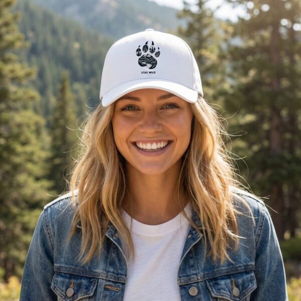 OxXe_XKU_PFFK2F33LB_2026-03-12_1.jpg Unisex White Baseball Cap with Stay Wild Mountain Paw Print Graphic, Adjustable Casual Cap for Men and Women, Stylish Outdoor Adventure Hat for Travel, Hiking, Sports and Daily Wear