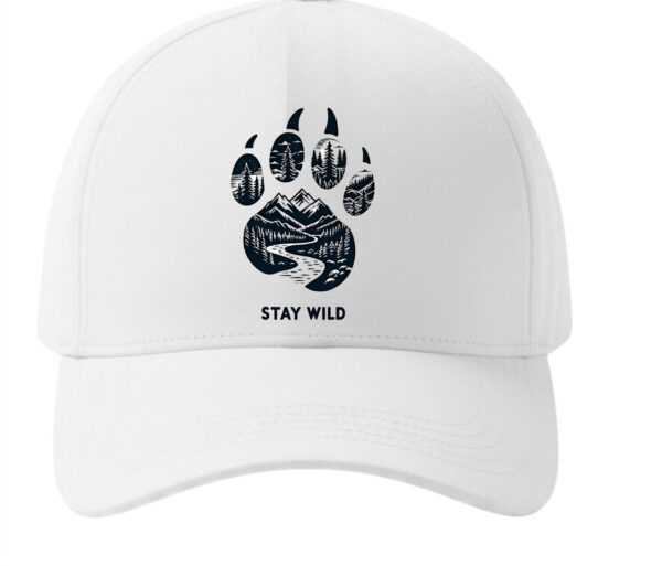 OxXe_XKU_WSHWE33LGJ_2026-03-12_1.jpg Unisex White Baseball Cap with Stay Wild Mountain Paw Print Graphic, Adjustable Casual Cap for Men and Women, Stylish Outdoor Adventure Hat for Travel, Hiking, Sports and Daily Wear