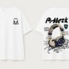 Ponork Mens White Oversized Graphic T-Shirt | Premium Loopknit Cotton 240 GSM Streetwear Tee with Headphone Back Print