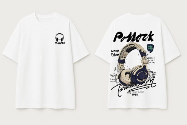 Ponork Mens White Oversized Graphic T-Shirt | Premium Loopknit Cotton 240 GSM Streetwear Tee with Headphone Back Print