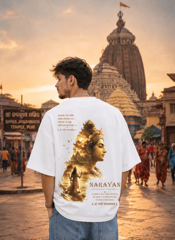 Men's White Oversized T-Shirt with Narayan Graphic Print | Loopknit 240 GSM | Spiritual Devotional Oversized Tee | Om Namo Narayanaya | Premium Graphic T-Shirt for Temple, Festivals & Everyday Wear