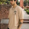 Men's Beige Oversized T-Shirt with Bhagat Singh Graphic Print | Loopknit 240 GSM | Patriotic Freedom Fighter Oversized Tee | Shaheed Bhagat Singh Tribute Back Print T-Shirt for Everyday Wear