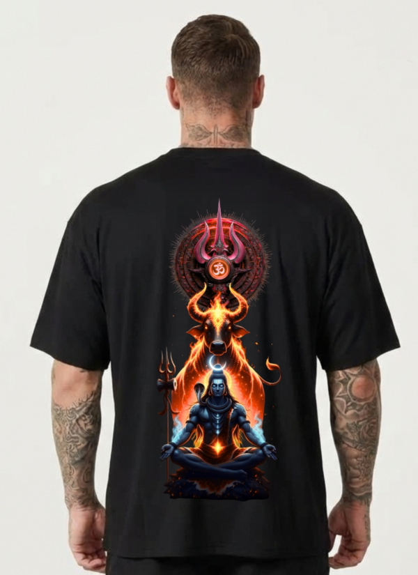 Mahakal Oversized T-Shirt for Men | Lord Shiva Trishul Back Print Black Tee | Loopknit 240 GSM Premium Cotton