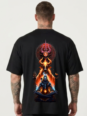 Mahakal Oversized T-Shirt for Men | Lord Shiva Trishul Back Print Black Tee | Loopknit 240 GSM Premium Cotton