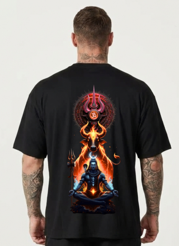Mahakal Oversized T-Shirt for Men | Lord Shiva Trishul Back Print Black Tee | Loopknit 240 GSM Premium Cotton
