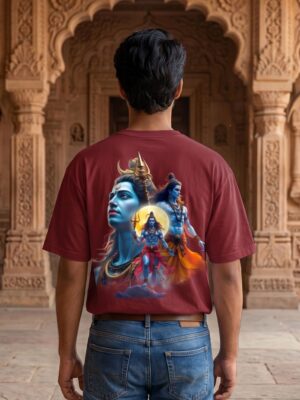 Mahakal Divine Graphic Oversized Maroon T-Shirt for Men & Women | Spiritual Lord Shiva Back Print | Premium 240 GSM Loopknit Cotton | Unisex Streetwear Devotional Design | Front Sanskrit Typography & Detailed Back Artwork
