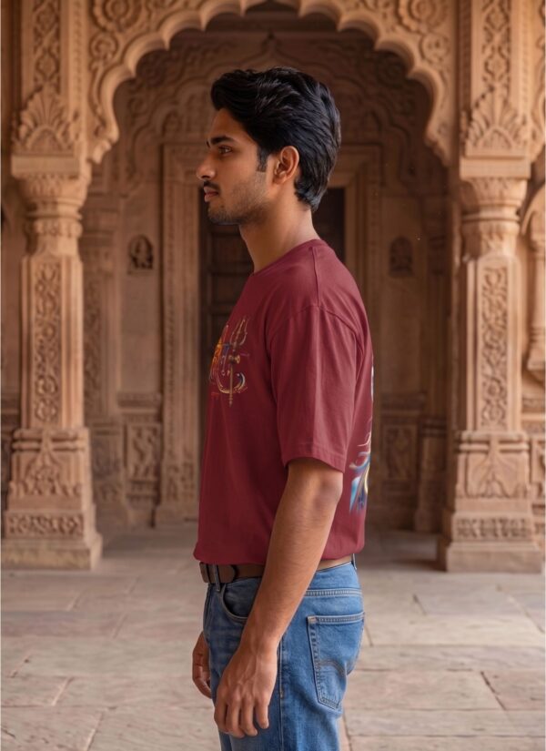 Mahakal Divine Graphic Oversized Maroon T-Shirt for Men & Women | Spiritual Lord Shiva Back Print | Premium 240 GSM Loopknit Cotton | Unisex Streetwear Devotional Design | Front Sanskrit Typography & Detailed Back Artwork