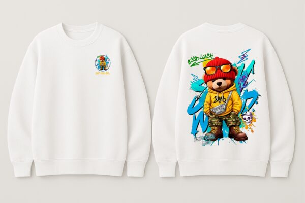 Just Cool Girl Oversized Sweatshirt – Women White Graphic Bear Streetwear | Fleece 300 GSM Premium Winter Sweatshirt