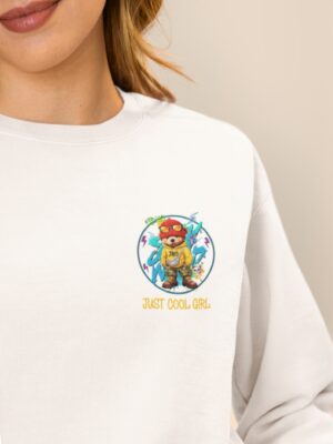 Just Cool Girl Oversized Sweatshirt – Women White Graphic Bear Streetwear | Fleece 300 GSM Premium Winter Sweatshirt
