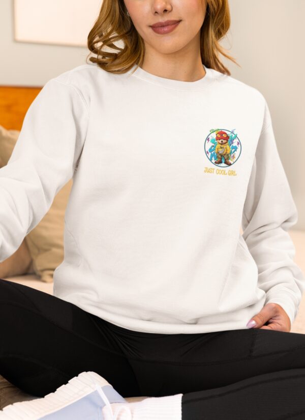 Just Cool Girl Oversized Sweatshirt – Women White Graphic Bear Streetwear | Fleece 300 GSM Premium Winter Sweatshirt