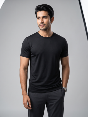 SHhRozNY_DDX3273DOZ_2026-06-30_1.png Plain Black Round Neck T-Shirt | 180 GSM Mesh Knit | 100% Polyester | Stretchable Sports Wear