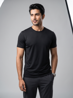 SHhRozNY_DDX3273DOZ_2026-06-30_1.png Plain Black Round Neck T-Shirt | 180 GSM Mesh Knit | 100% Polyester | Stretchable Sports Wear