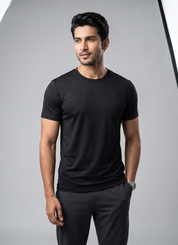 SHhRozNY_DDX3273DOZ_2026-06-30_1.png Plain Black Round Neck T-Shirt | 180 GSM Mesh Knit | 100% Polyester | Stretchable Sports Wear