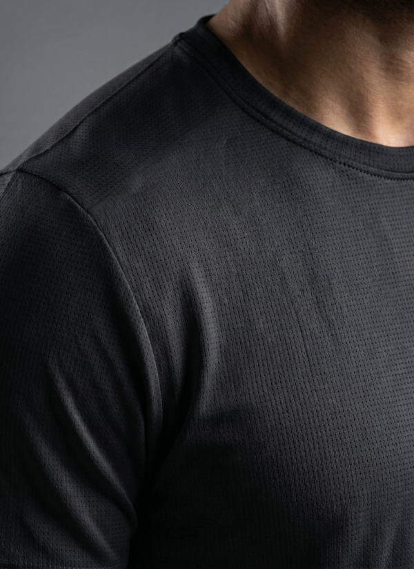 SHhRozNY_QSHQTLKDEN_2026-06-30_4-1.png Plain Black Round Neck T-Shirt | 180 GSM Mesh Knit | 100% Polyester | Stretchable Sports Wear