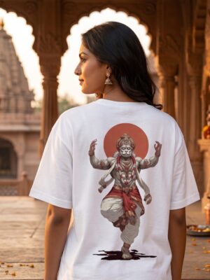 Unisex Oversized Hanuman Warrior Graphic T-Shirt | Bold Devotion Design, White Cotton Tee