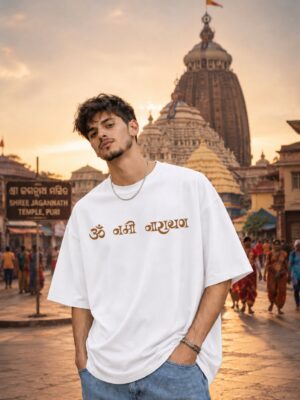 Men's White Oversized T-Shirt with Narayan Graphic Print | Loopknit 240 GSM | Spiritual Devotional Oversized Tee | Om Namo Narayanaya | Premium Graphic T-Shirt for Temple, Festivals & Everyday Wear