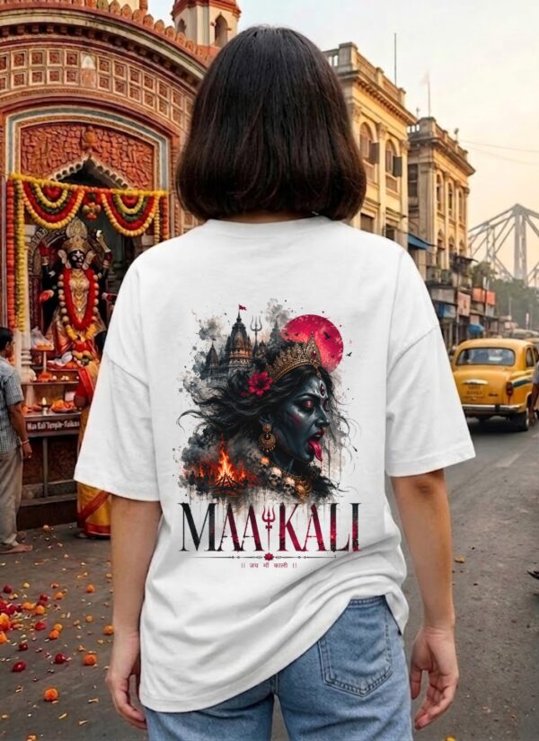 Women's White Oversized T-Shirt with Maa Kali Graphic Print | Loopknit 240 GSM | Jai Maa Kali Spiritual Oversized Tee | Hindu Devotional Back Print T-Shirt for Festivals, Temple Visits & Everyday Wear