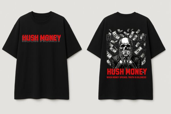 Hush Money Oversized Black T-Shirt for Men | Skull Money Graphic Back Print | Premium Streetwear Loopknit 240 GSM | By Giftspeaks