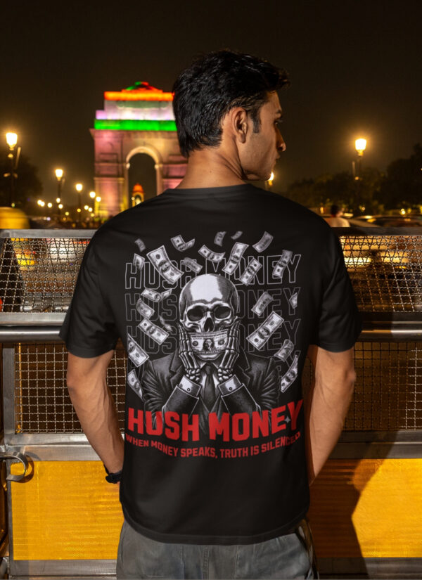 Hush Money Oversized Black T-Shirt for Men | Skull Money Graphic Back Print | Premium Streetwear Loopknit 240 GSM | By Giftspeaks