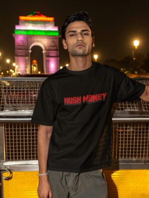 TRbQXJhP_TBD1554H9S_2026-01-30_1.jpg Hush Money Oversized Black T-Shirt for Men | Skull Money Graphic Back Print | Premium Streetwear Loopknit 240 GSM | By Giftspeaks