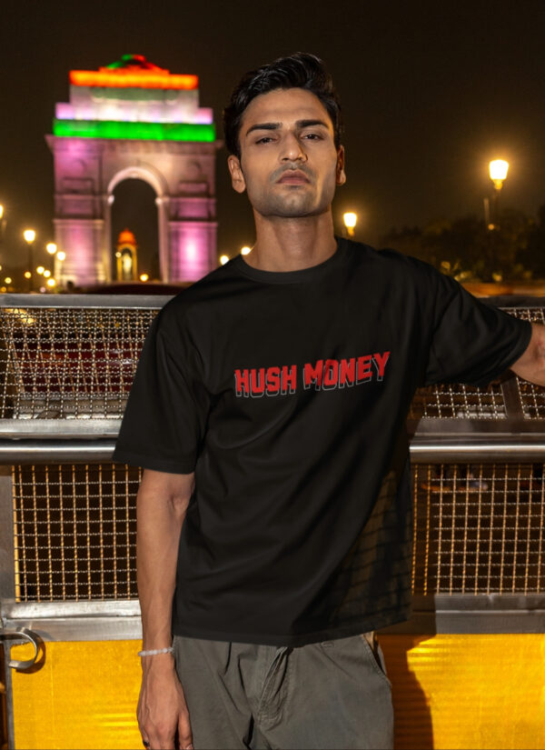 Hush Money Oversized Black T-Shirt for Men | Skull Money Graphic Back Print | Premium Streetwear Loopknit 240 GSM | By Giftspeaks