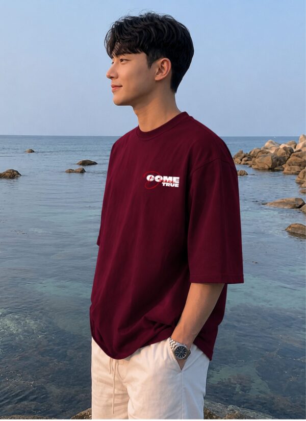UEuqW3Or_FI3S2K6IRK_2026-05-25_3.jpg Come True Oversized Graphic T-Shirt for Men | Dream Motivation Back Print Streetwear Tee | Aesthetic Money Graphic Casual Maroon Oversized Cotton Tshirt