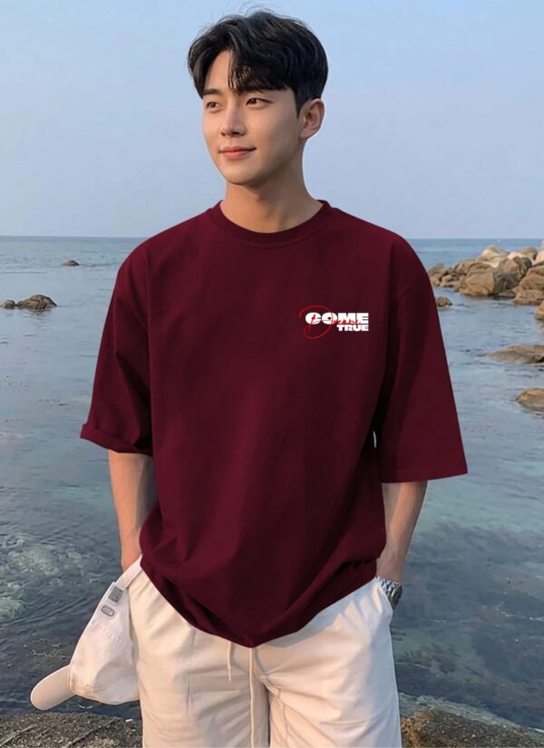 UEuqW3Or_RXRP078MR3_2026-05-25_1.jpg Come True Oversized Graphic T-Shirt for Men | Dream Motivation Back Print Streetwear Tee | Aesthetic Money Graphic Casual Maroon Oversized Cotton Tshirt