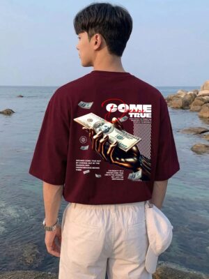 UEuqW3Or_X1O1QYIF7K_2026-05-25_2.jpg Come True Oversized Graphic T-Shirt for Men | Dream Motivation Back Print Streetwear Tee | Aesthetic Money Graphic Casual Maroon Oversized Cotton Tshirt
