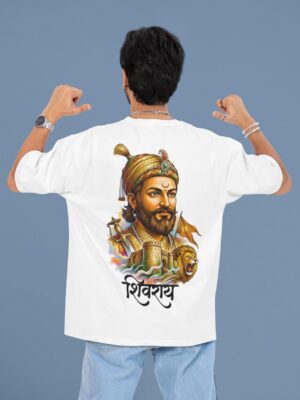 Shivray White Oversized T Shirt for Men | Shivaji Maharaj Printed Oversize Cotton T-Shirt | Premium Loopknit 240 GSM Streetwear Graphic Tee | Royal Maratha Culture T Shirt � Giftspeaks