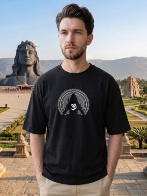 Men's Black Oversized T-Shirt with Shiv Shakti Graphic Print | Loopknit 240 GSM | Mahadev Parvati Devotional Oversized Tee | Spiritual Back Print T-Shirt for Temple, Festivals & Everyday Wear