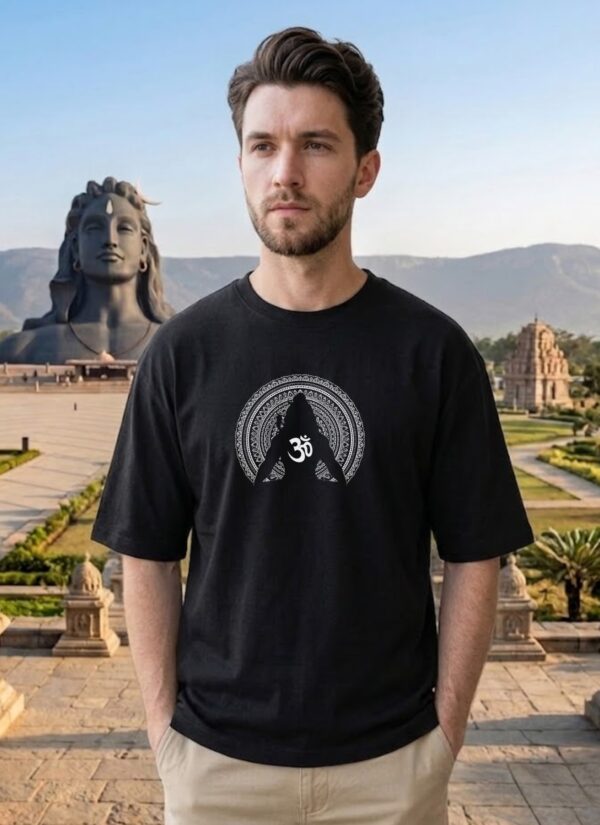 WEFEWFEEWFS Men's Black Oversized T-Shirt with Shiv Shakti Graphic Print | Loopknit 240 GSM | Mahadev Parvati Devotional Oversized Tee | Spiritual Back Print T-Shirt for Temple, Festivals & Everyday Wear