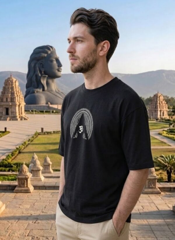 WFRFS Men's Black Oversized T-Shirt with Shiv Shakti Graphic Print | Loopknit 240 GSM | Mahadev Parvati Devotional Oversized Tee | Spiritual Back Print T-Shirt for Temple, Festivals & Everyday Wear