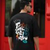 Men Black Oversized Graphic T-Shirt with Crown Front Detail and Bold Tech-Inspired Back Print Streetwear Style