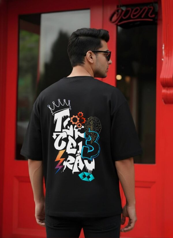 Men Black Oversized Graphic T-Shirt with Crown Front Detail and Bold Tech-Inspired Back Print Streetwear Style