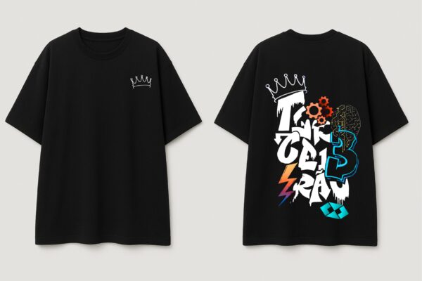 Men Black Oversized Graphic T-Shirt with Crown Front Detail and Bold Tech-Inspired Back Print Streetwear Style