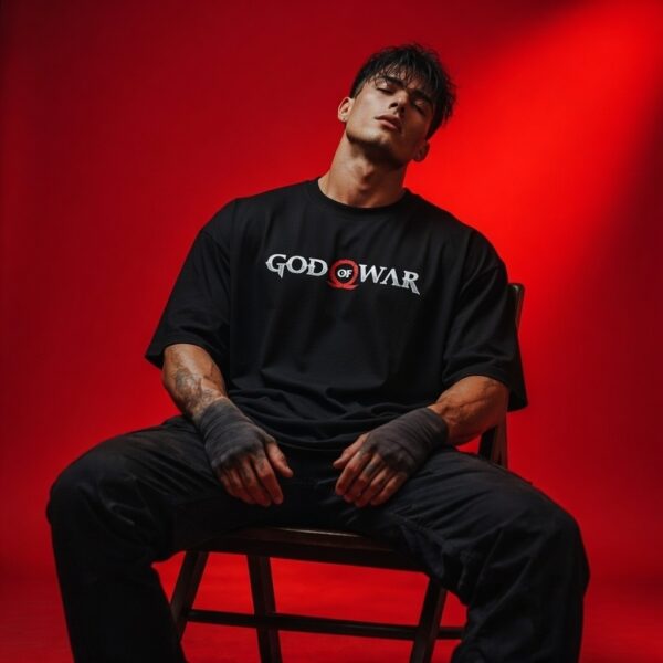 WMFOB_God_of_War_1772778952025_k381pcrjxi1fuef.jpg Men's Oversized Black Graphic Printed T-Shirt | Warrior Gaming Back Print | Half Sleeve Round Neck | Premium Cotton Casual Streetwear