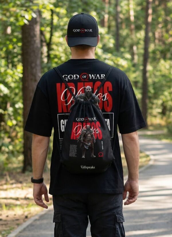 God of War Kratos Oversized T-Shirt, Cap & Drawstring Bag Combo for Men | Gaming Inspired Streetwear Set | Loopknit 240 GSM Cotton Tee + Adjustable Cap + Printed Carry Bag