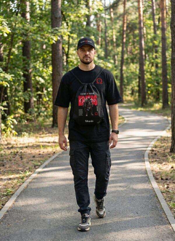 God of War Kratos Oversized T-Shirt, Cap & Drawstring Bag Combo for Men | Gaming Inspired Streetwear Set | Loopknit 240 GSM Cotton Tee + Adjustable Cap + Printed Carry Bag