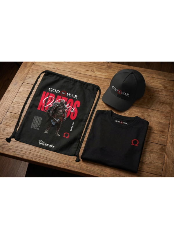 God of War Kratos Oversized T-Shirt, Cap & Drawstring Bag Combo for Men | Gaming Inspired Streetwear Set | Loopknit 240 GSM Cotton Tee + Adjustable Cap + Printed Carry Bag