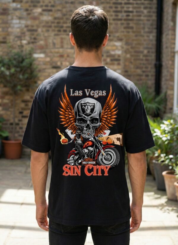 Mens Oversized Black Skull Biker Graphic T-Shirt | Las Vegas Sin City Back Print | Premium Loopknit Cotton 240 GSM | Bold Streetwear Statement Tee