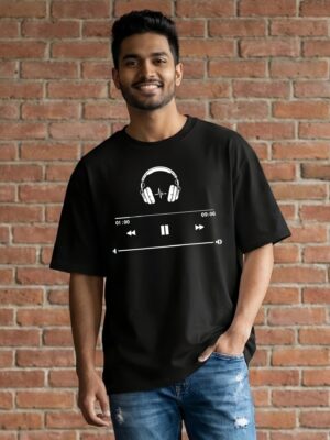 Music Player Headphone Graphic Printed Black Oversized T Shirt for Men | Minimal Music Lover Design | Round Neck Streetwear Oversized T-Shirt GiftSpeaks