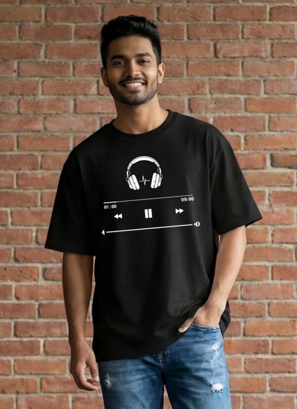 Music Player Headphone Graphic Printed Black Oversized T Shirt for Men | Minimal Music Lover Design | Round Neck Streetwear Oversized T-Shirt GiftSpeaks