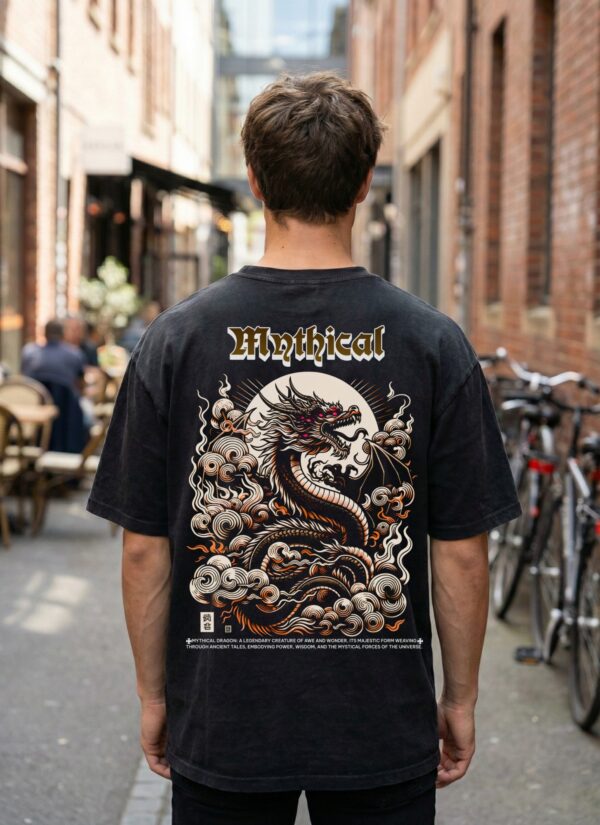 WMFOB_Mythical_1771567124652_rh4jilo6iujz224.jpg Mens Oversized Black Dragon Graphic Printed T-Shirt | Mythical Streetwear Back Print | Premium Loopknit Cotton 240 GSM | Urban Fashion Statement Tee