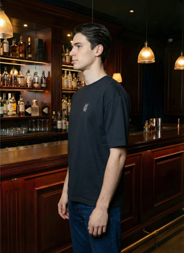 Mens Oversized Black T-Shirt | Lucky Shot Casino Whiskey Graphic Print | Loopknit 240 GSM Premium Heavy Fabric | Streetwear Oversized T-Shirt for Men