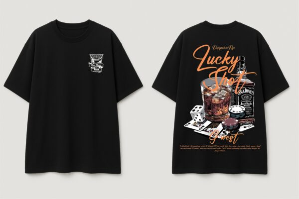 Mens Oversized Black T-Shirt | Lucky Shot Casino Whiskey Graphic Print | Loopknit 240 GSM Premium Heavy Fabric | Streetwear Oversized T-Shirt for Men
