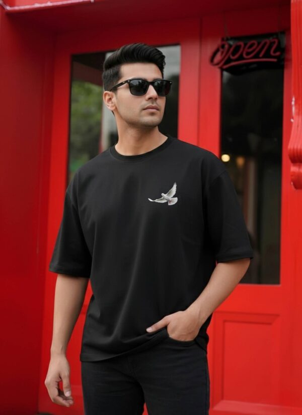 Mens Black Oversized T-Shirt with Peace Dove Back Print | Loopknit 240 GSM | Graphic Streetwear Tee