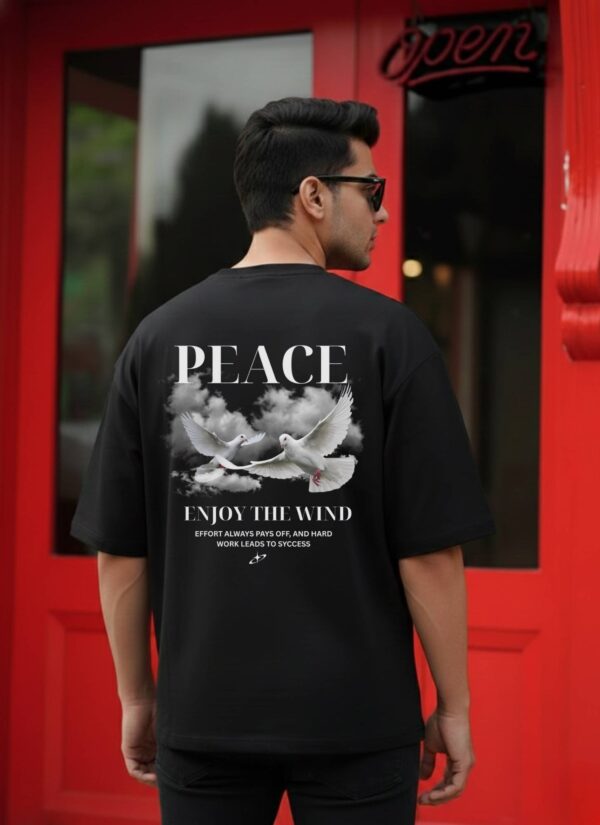 Mens Black Oversized T-Shirt with Peace Dove Back Print | Loopknit 240 GSM | Graphic Streetwear Tee
