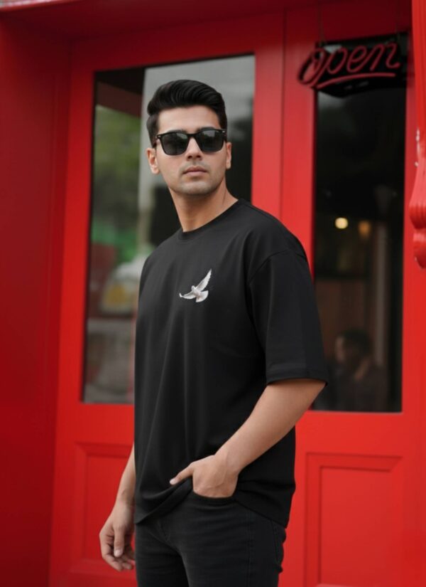 Mens Black Oversized T-Shirt with Peace Dove Back Print | Loopknit 240 GSM | Graphic Streetwear Tee